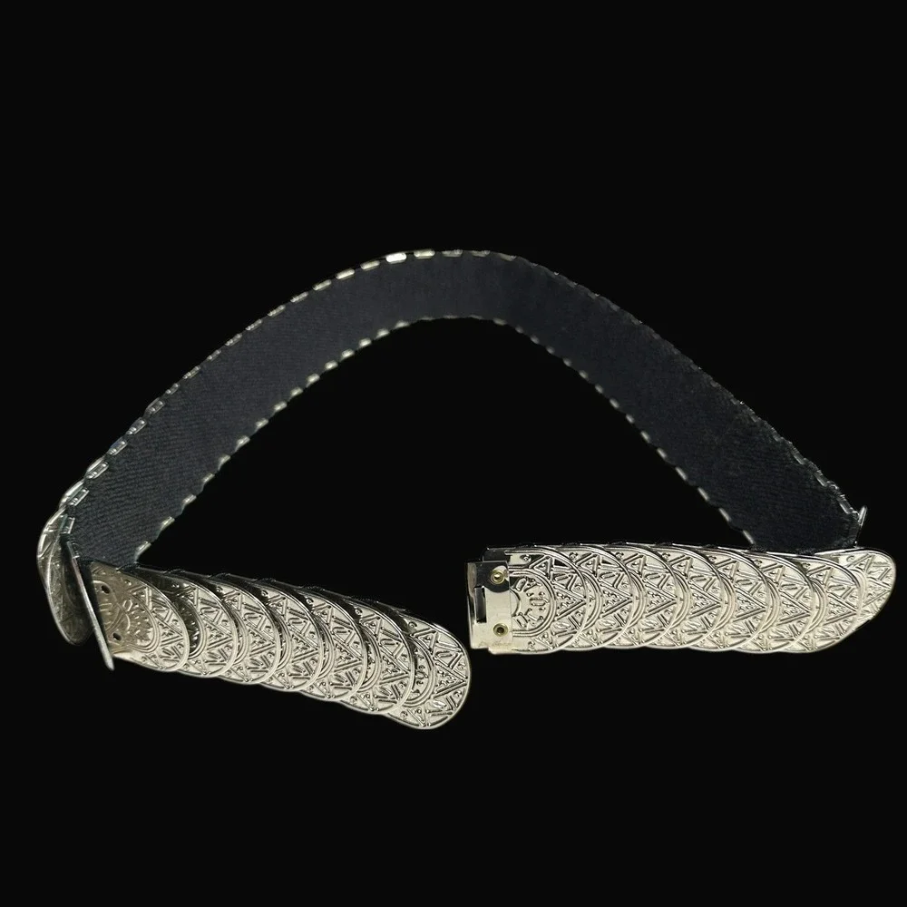 Womens‎ Ornate Coin Belt Elastic Band Silver Tone Statement Accent Vintage